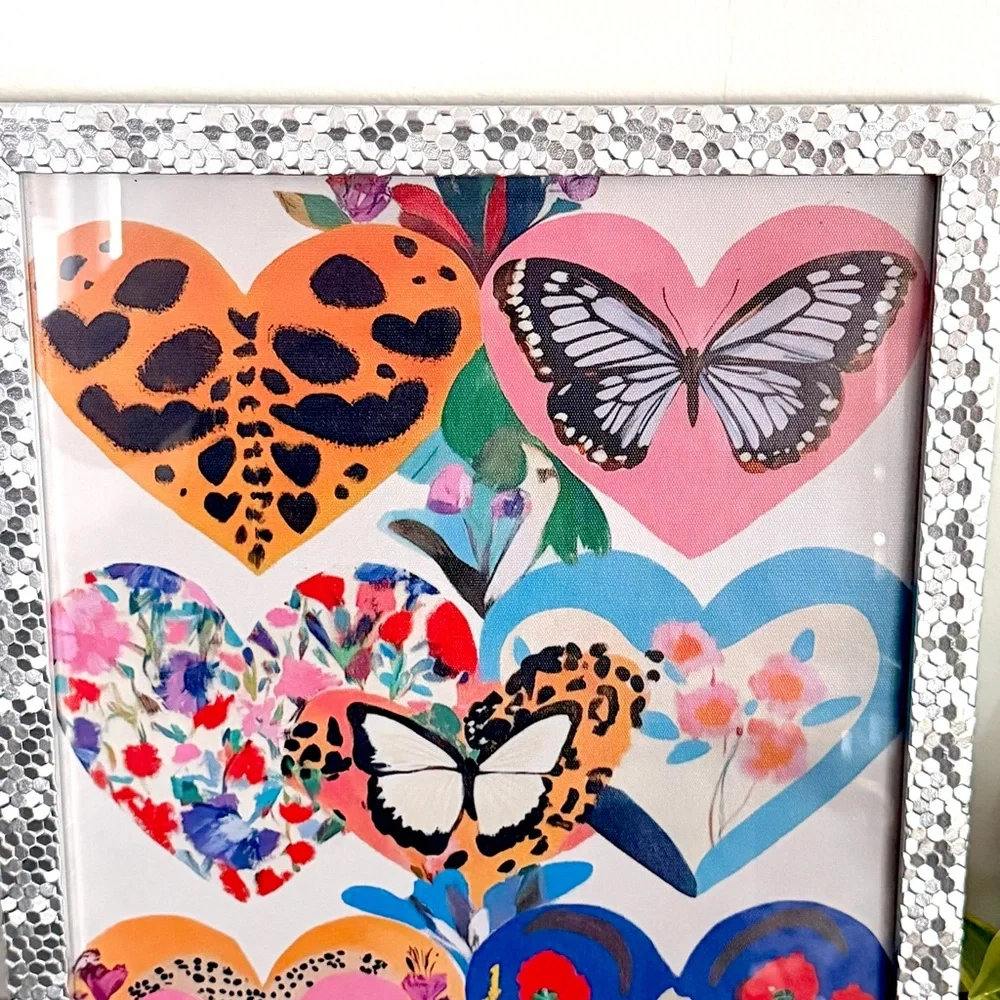 Heart Floral Butterfly Maximalist Canvas Art Print Silver Framed Wall Hang Art